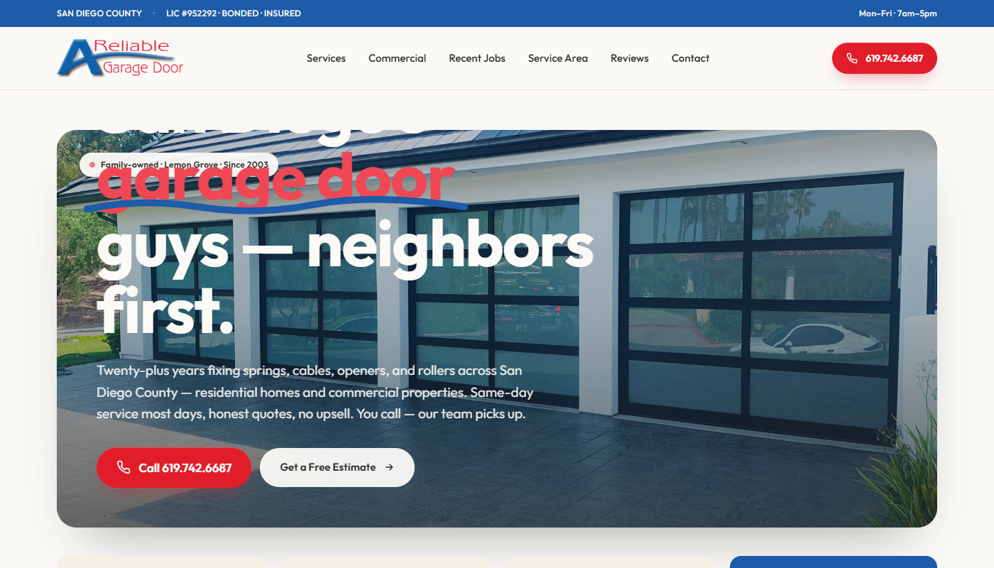 A Reliable Garage Door website screenshot