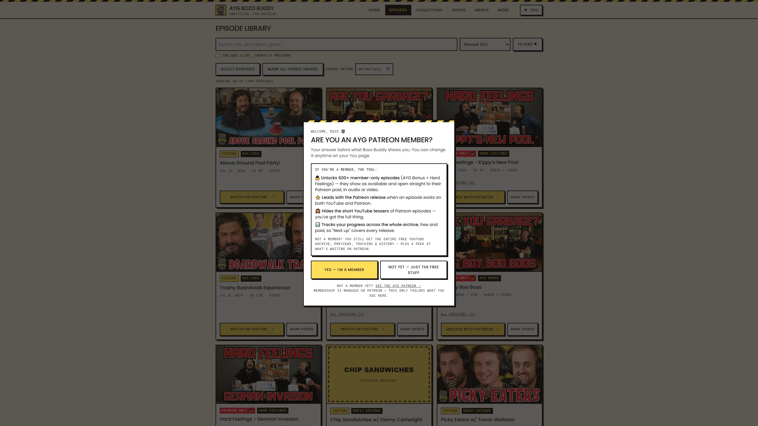 AYG Bozo Buddy episode library page with filters