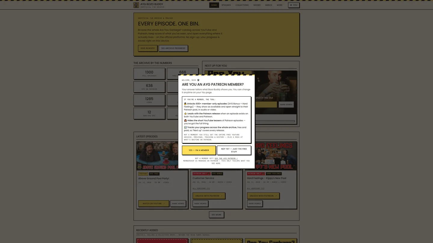 AYG Bozo Buddy homepage — episode grid and Next up for you card