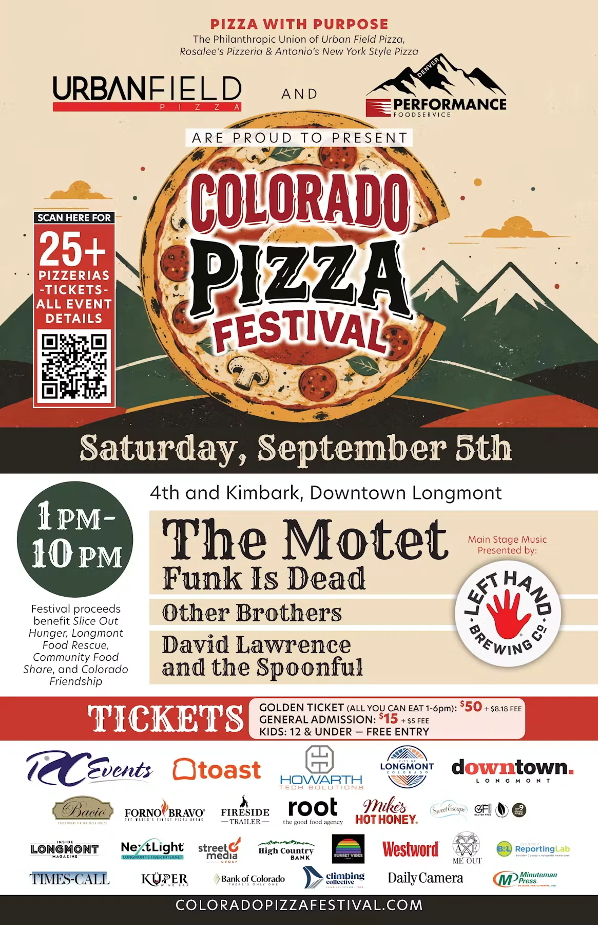 Colorado Pizza Festival — Saturday, September 5, 2026, 1 to 10 PM at 4th & Kimbark, downtown Longmont. 25+ pizzerias, live music from The Motet. Golden Ticket all-you-can-eat and general admission tickets at coloradopizzafestival.com. Howarth Tech Solutions is a proud sponsor.