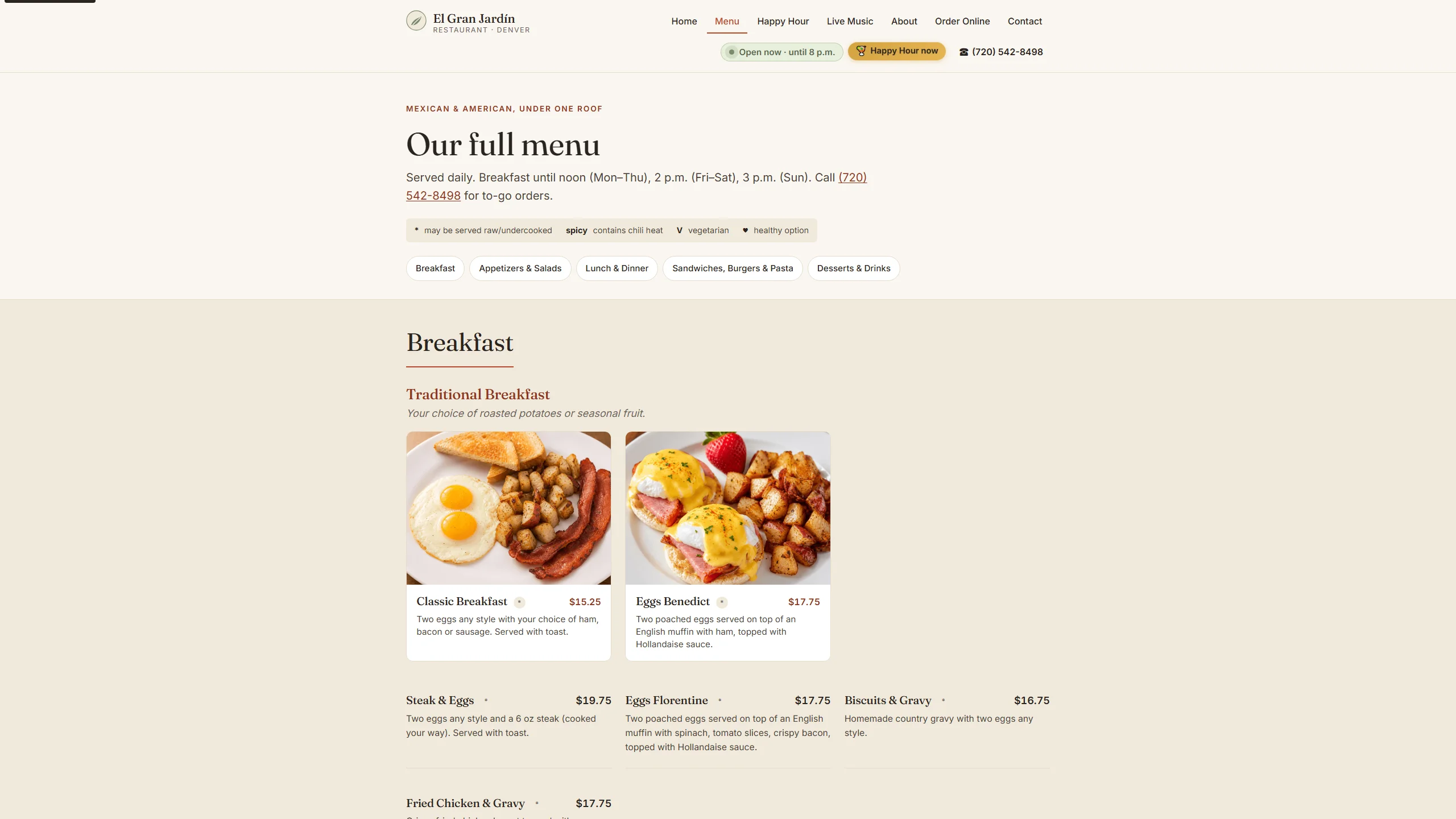 El Gran Jardin menu page showing dish photos