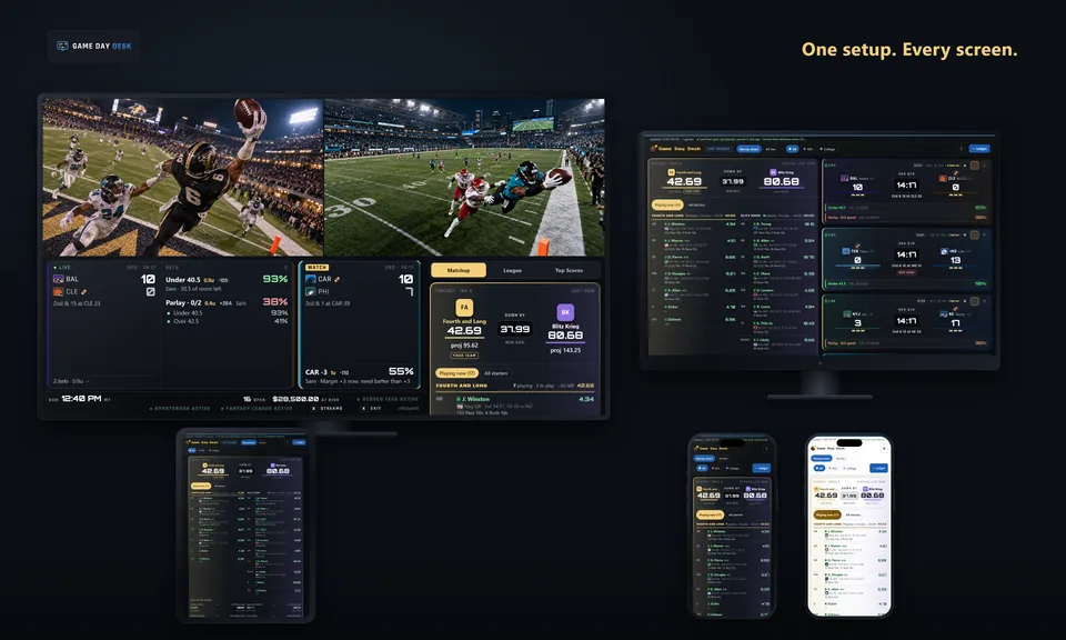 Game Day Desk on every screen: the TV wall on a TV, the live tracker on a monitor, a tablet and two phones