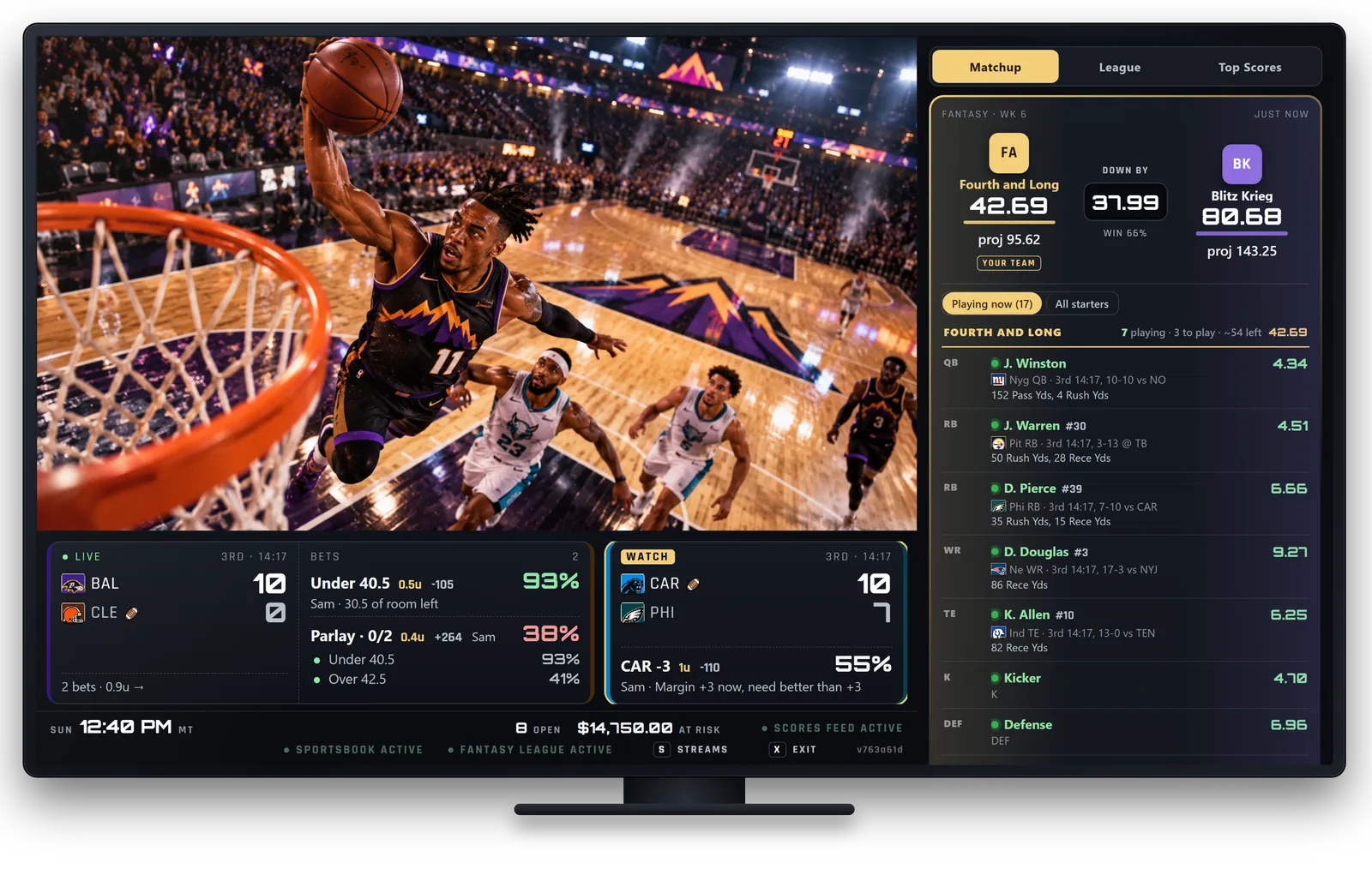 TV wall with one game playing, the betting bar underneath and the fantasy column beside it