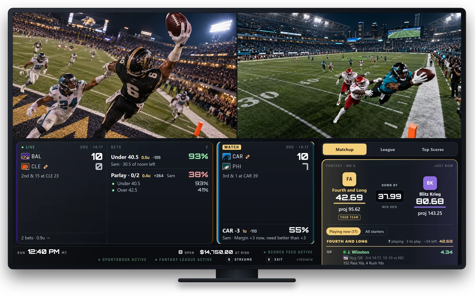 TV wall with two games side by side across the top and the betting bar and fantasy column underneath