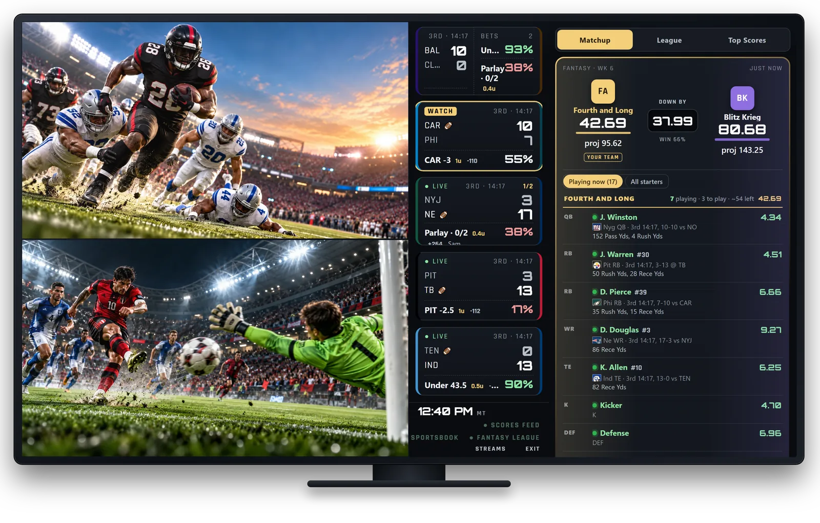 TV wall with two games stacked on the left, game tiles down the middle and the fantasy column on the right