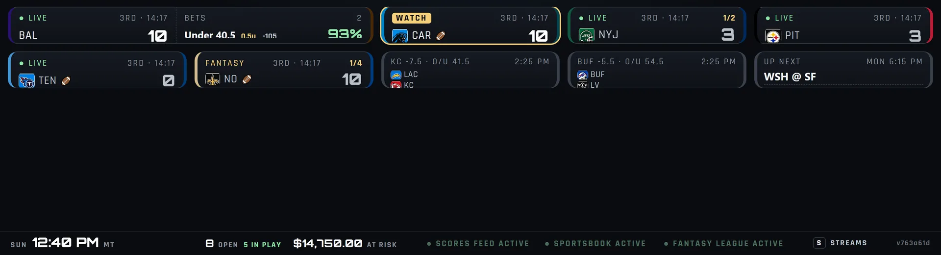 The betting bar on its own: every live game and open bet in tiles across the screen