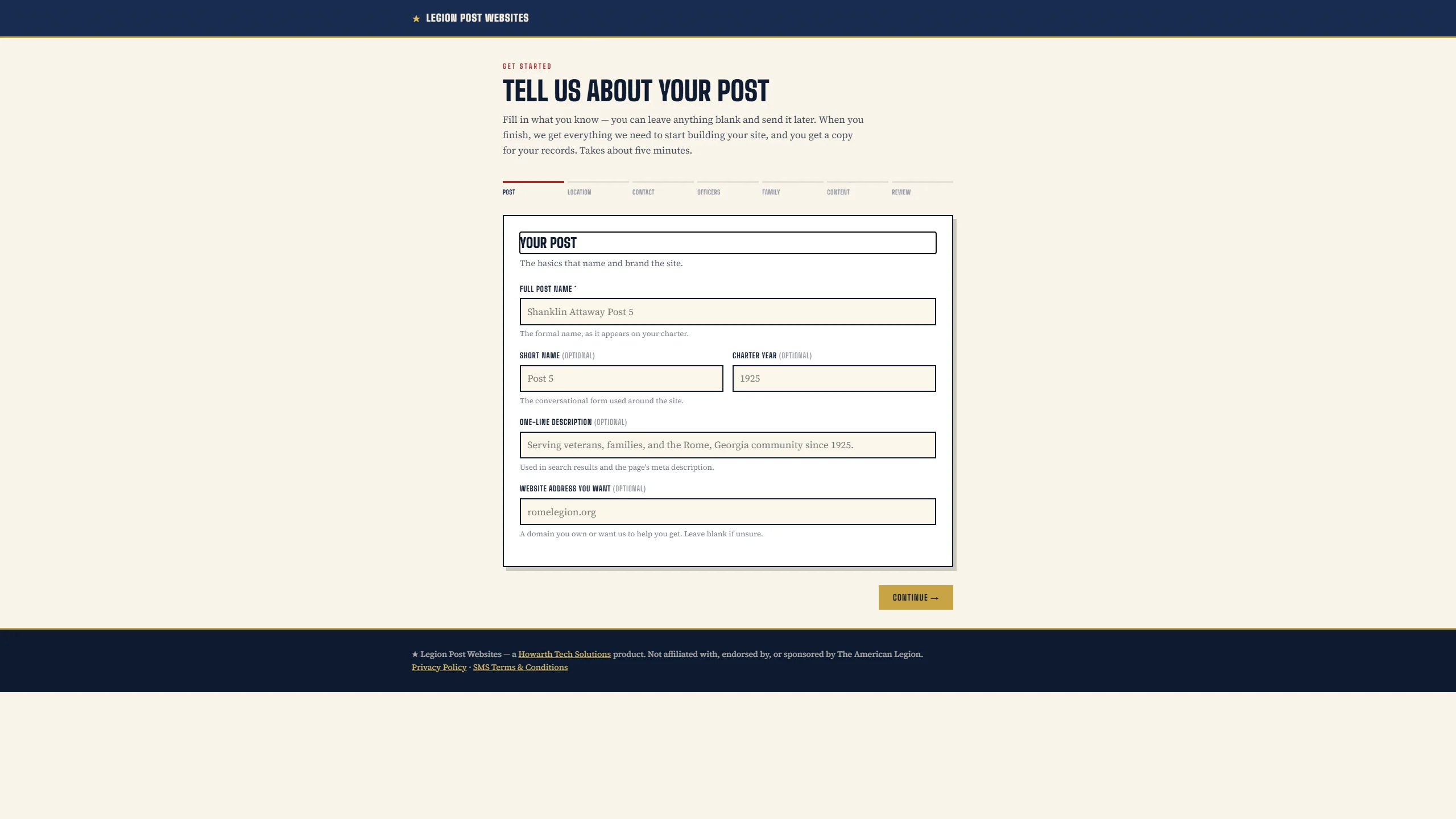Legion Post Websites onboarding / get-started page