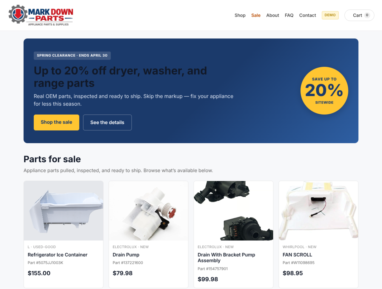 Mark Down Parts shop homepage