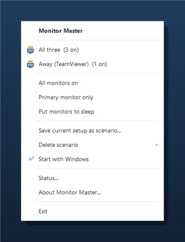 Monitor Master system-tray menu showing saved scenarios and quick actions