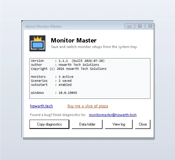 Monitor Master About dialog showing version, diagnostics copy button, and built-in help