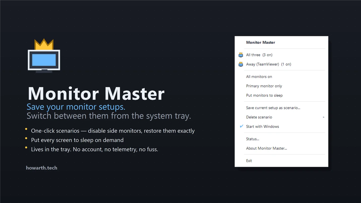 Monitor Master feature graphic — Windows tray icon, scenario menu, and quick actions