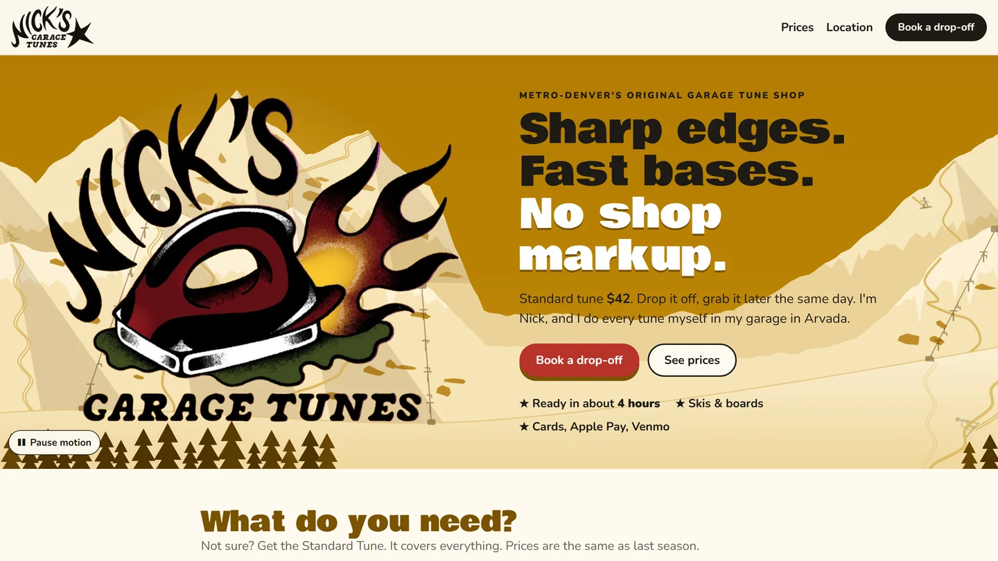 Nick's Garage Tunes homepage with the Book a drop-off button