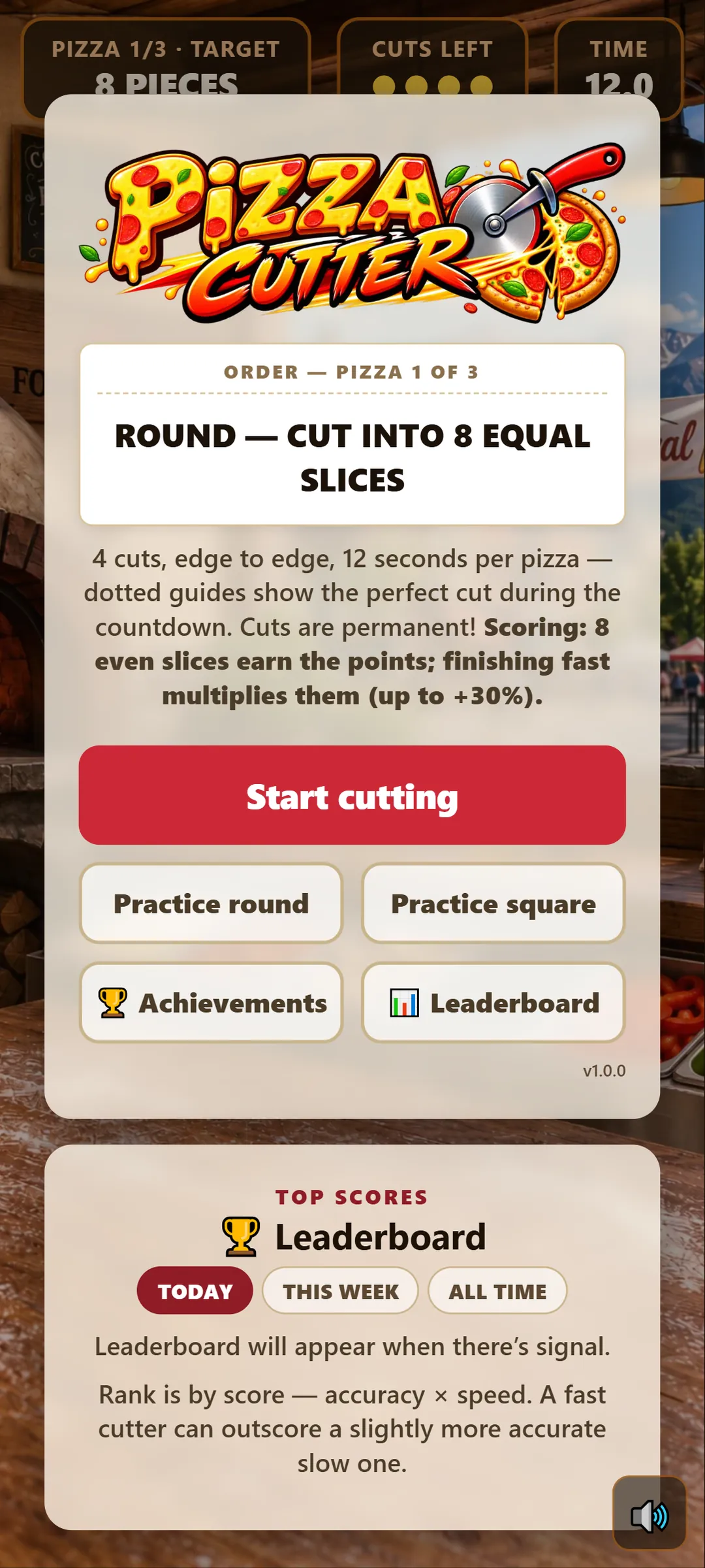 Pizza Cutter menu with the first order ticket