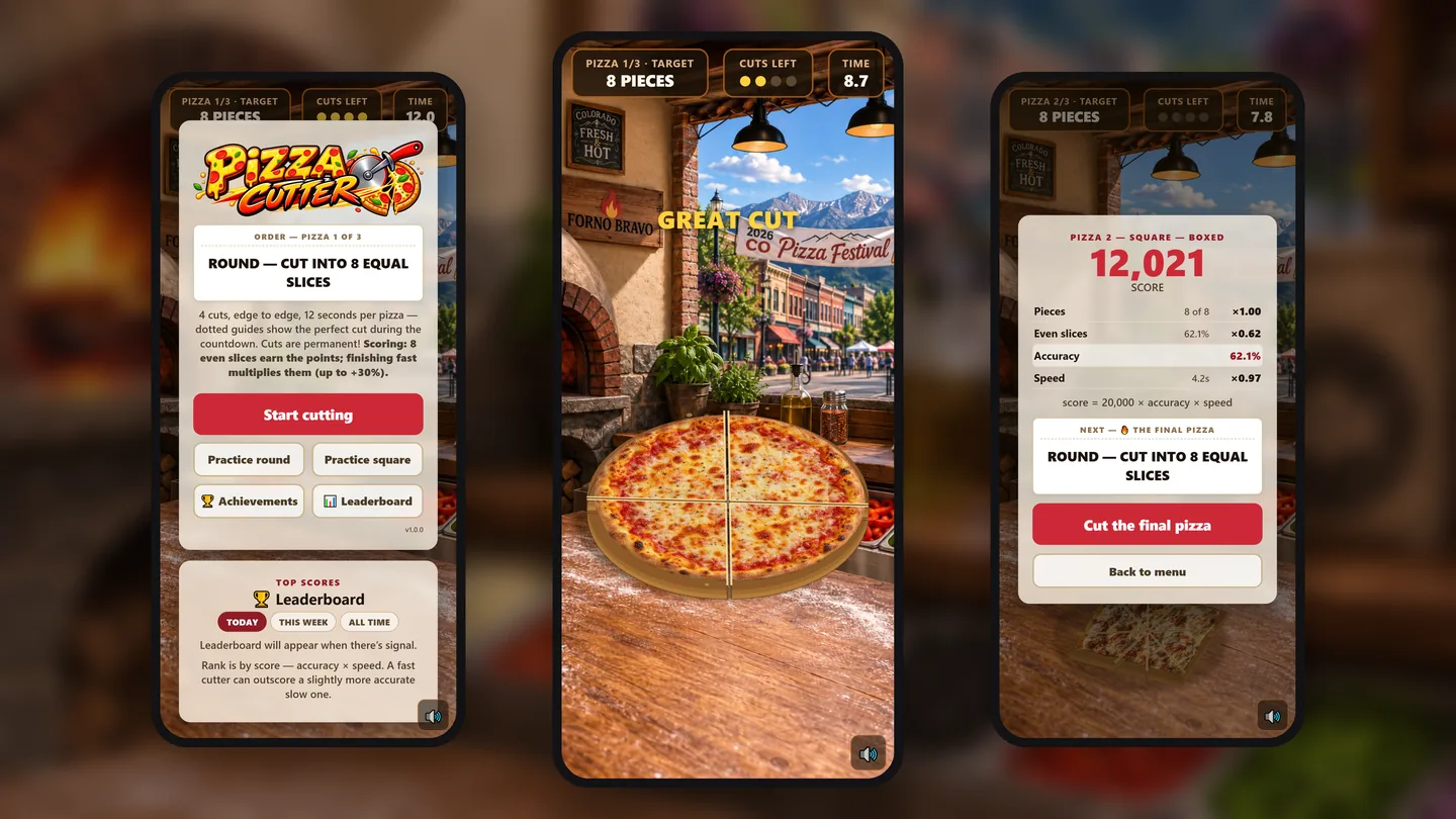 Pizza Cutter on three phones: the order ticket, a round pizza mid-cut, and a scored square pizza