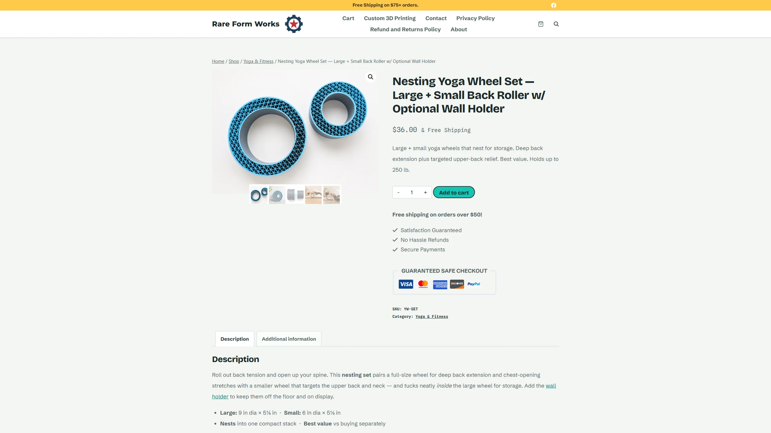 Rare Form Works product page — Nesting Yoga Wheel Set with pill add-to-cart and job-card styling
