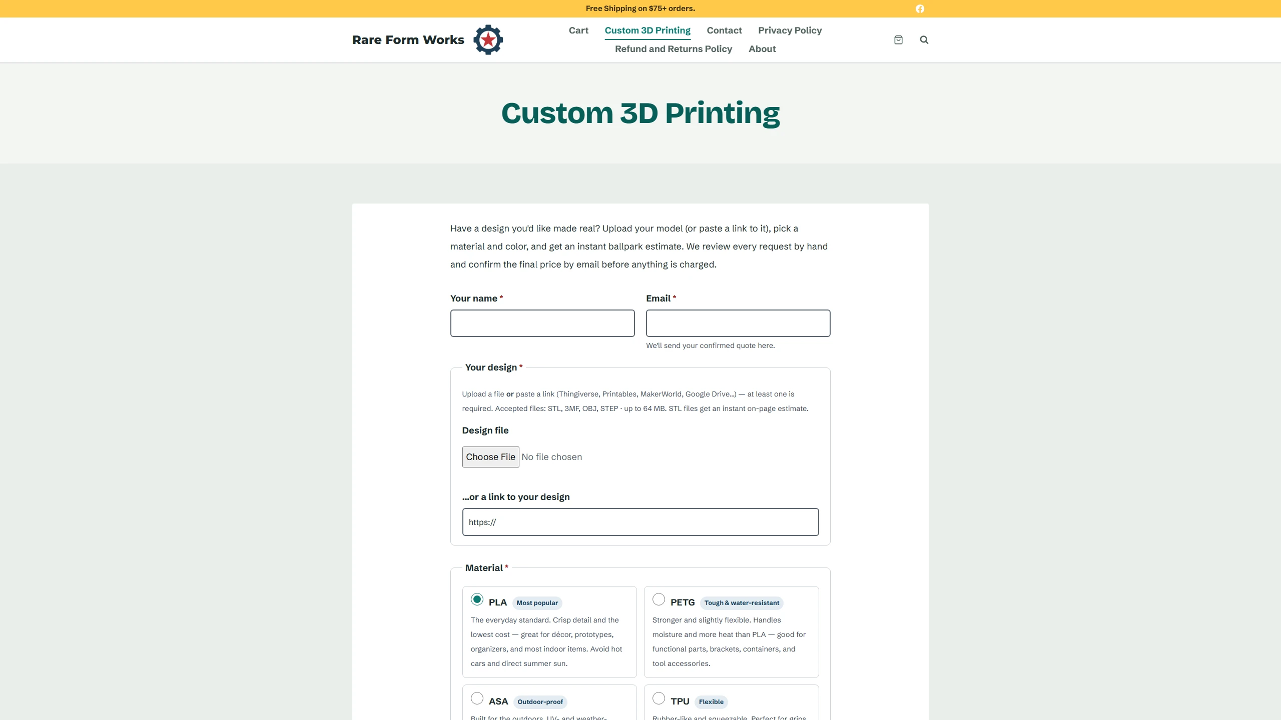 Rare Form Works custom upload-and-quote form with material picker and instant browser-computed estimate