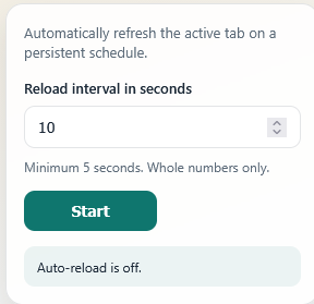 Darrell's ReLoader extension popup — Reload interval set to 10 seconds with a Start button