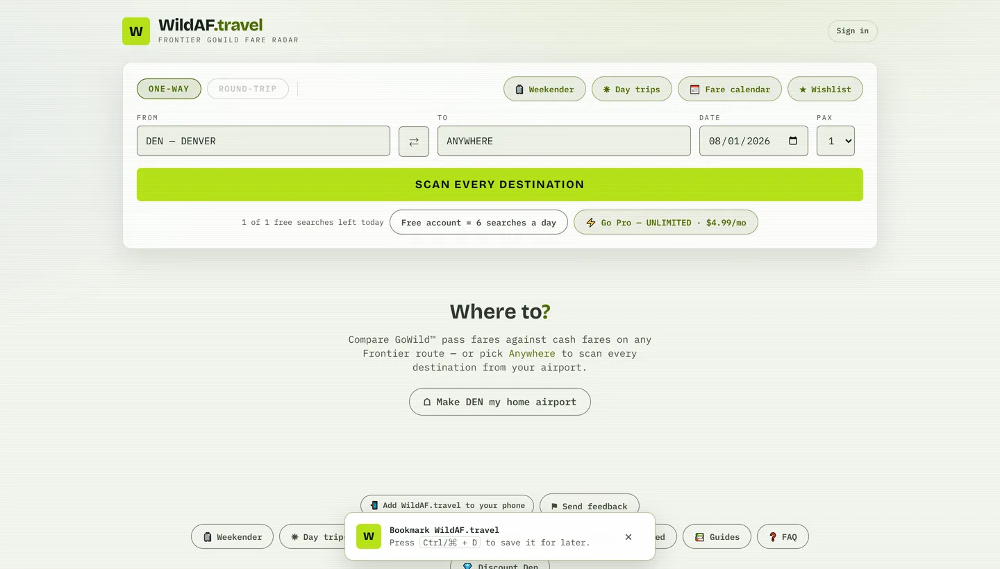 WildAF.travel — Anywhere mode, scanning every Frontier destination