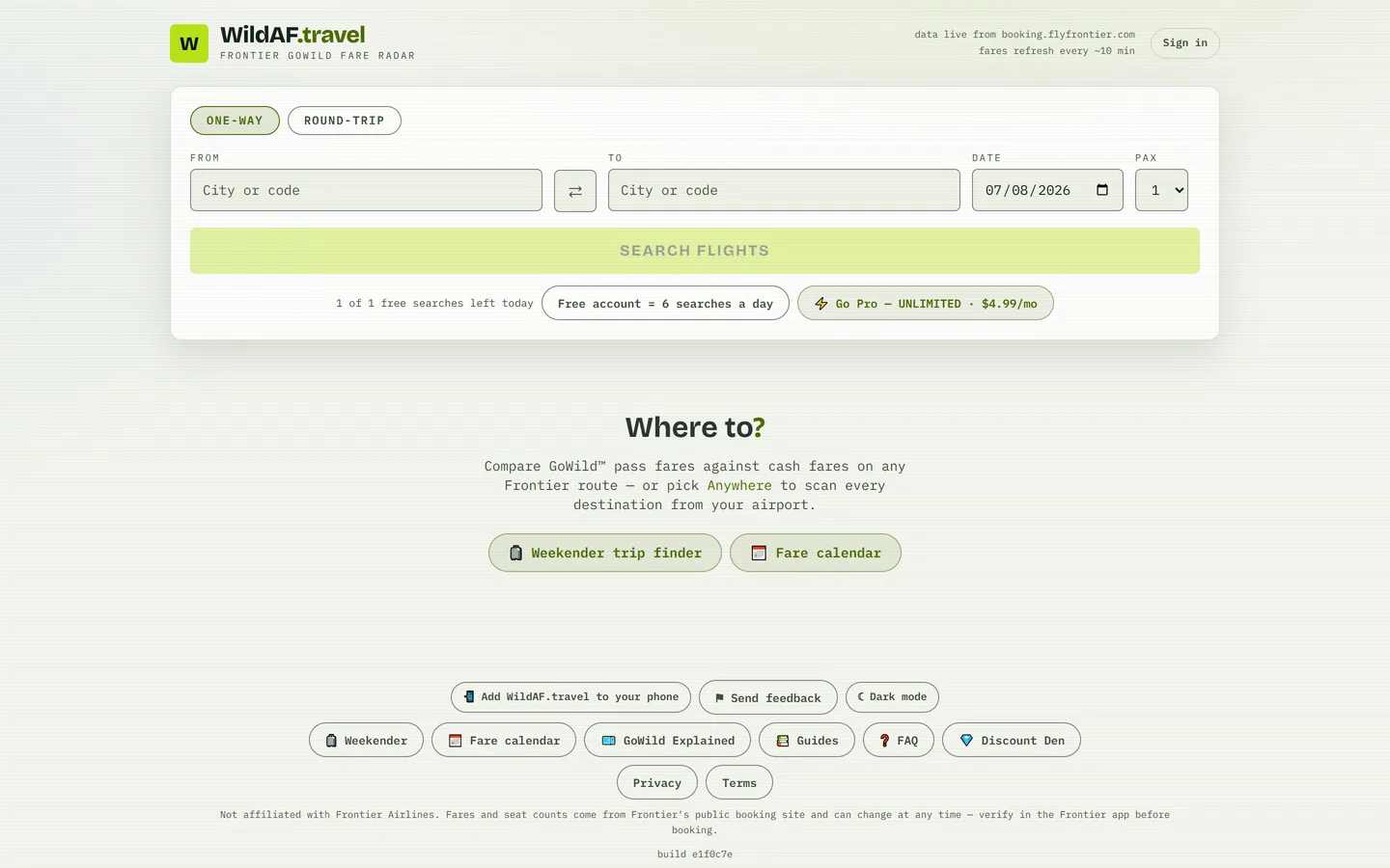 WildAF.travel homepage screenshot